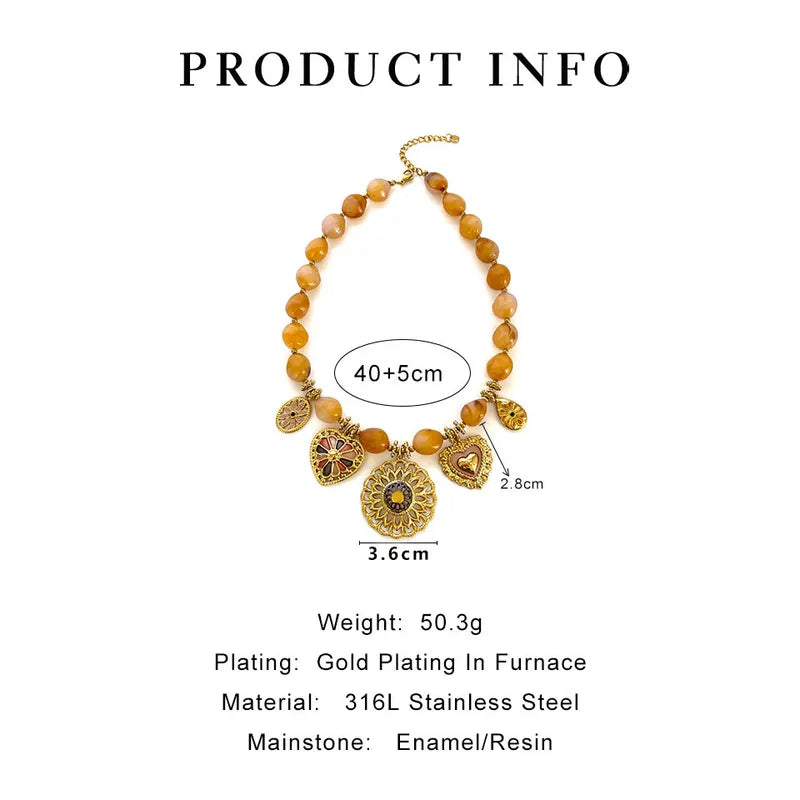 New Chinese Style Vintage Stainless Steel Irregular Yellow Beads Large Round Heart Shaped Multi Pendants 18K Gold Plated Waterproof Necklaces For Women