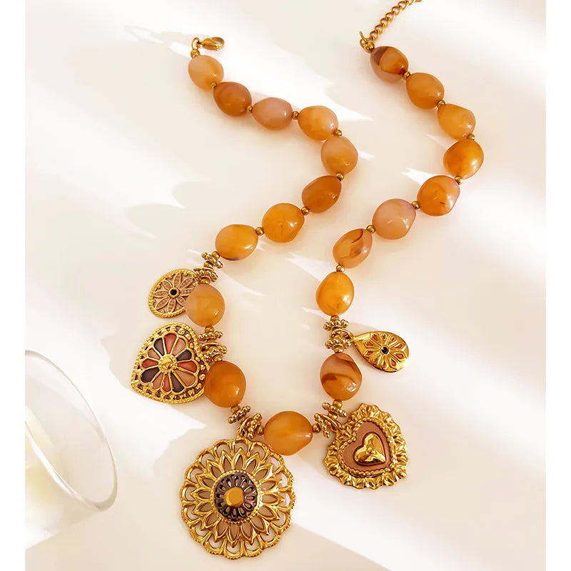 New Chinese Style Vintage Stainless Steel Irregular Yellow Beads Large Round Heart Shaped Multi Pendants 18K Gold Plated Waterproof Necklaces For Women