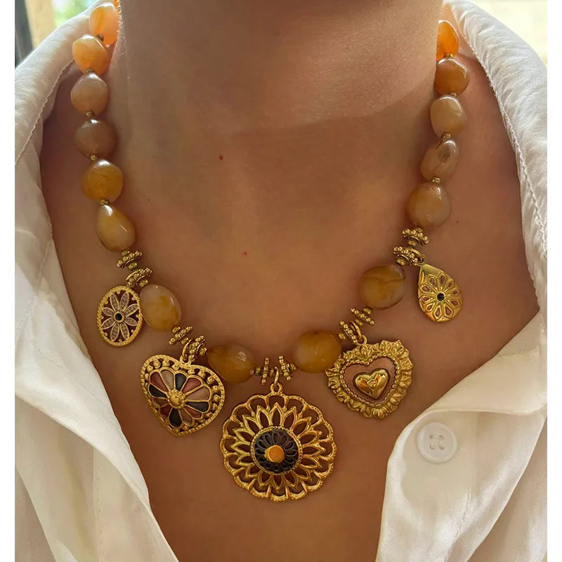 New Chinese Style Vintage Stainless Steel Irregular Yellow Beads Large Round Heart Shaped Multi Pendants 18K Gold Plated Waterproof Necklaces For Women