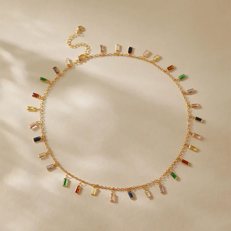 New Colorful Glass Material Long Strip Design Chain Necklace Copper Plated 18K Gold Real Gold Chain Sweet Style For Women