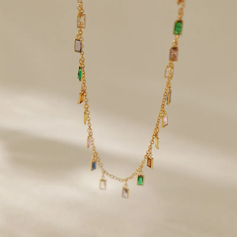 New Colorful Glass Material Long Strip Design Chain Necklace Copper Plated 18K Gold Real Gold Chain Sweet Style For Women