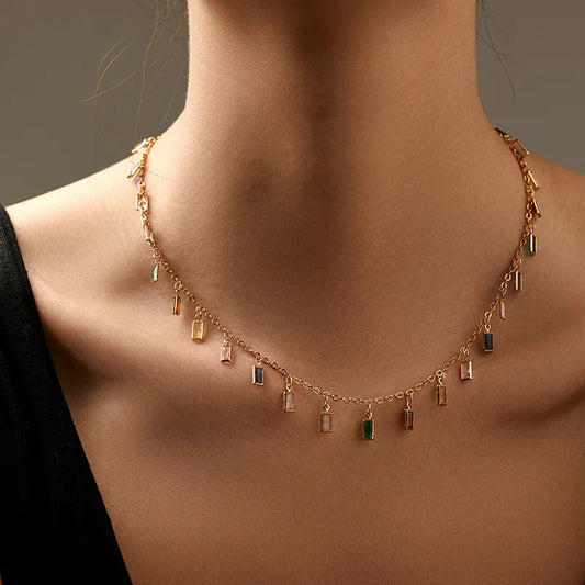 New Colorful Glass Material Long Strip Design Chain Necklace Copper Plated 18K Gold Real Gold Chain Sweet Style For Women