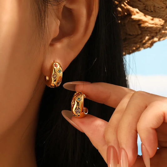 New Fashionable Titanium Steel Color Zircon Earrings Women's High-End Gold Plated Geometric Pattern Jewelry Accessories