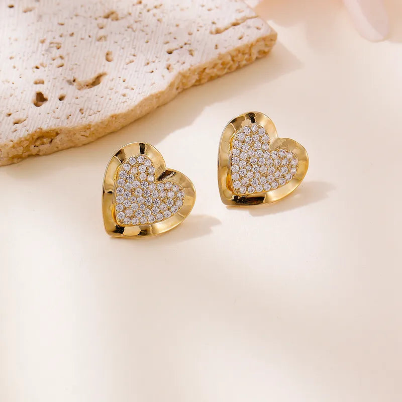 New Hot-Selling New Style Double Heart 304 Stainless Steel Earrings Fashion Simple Personality Light Luxury High-End Zircon Inlaid Water Plated 14K Real Gold Earrings