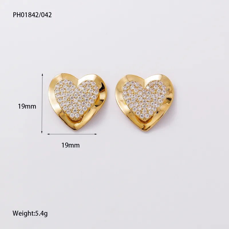 New Hot-Selling New Style Double Heart 304 Stainless Steel Earrings Fashion Simple Personality Light Luxury High-End Zircon Inlaid Water Plated 14K Real Gold Earrings