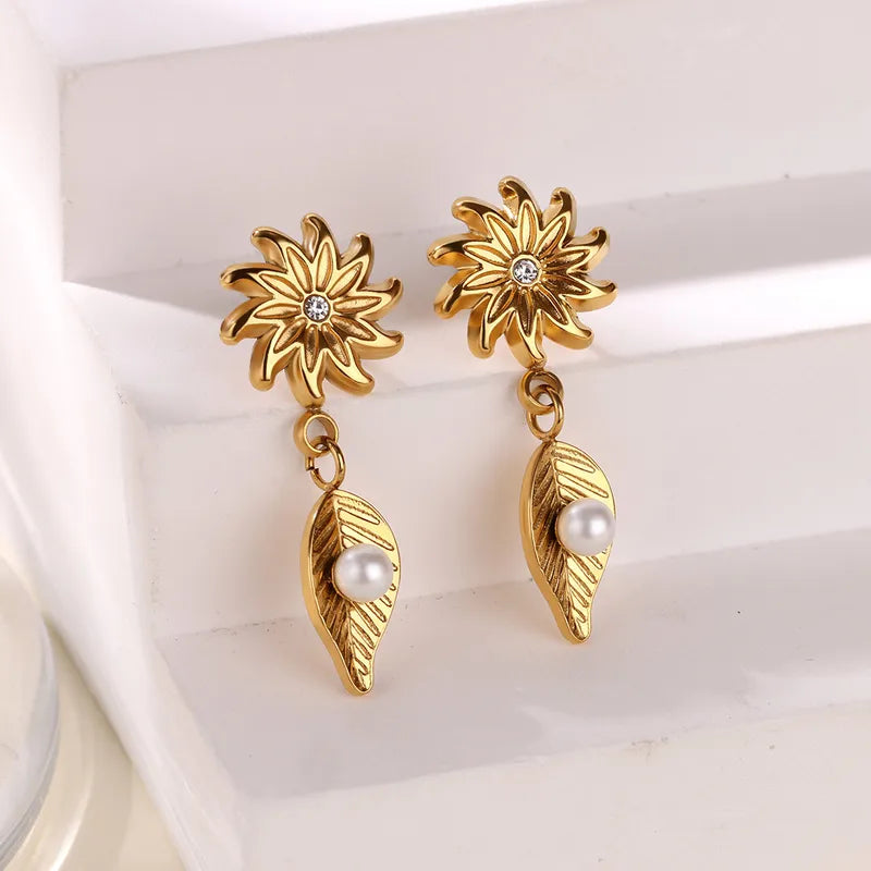 New INS Style Gold Stainless Steel Flower Leaf Series Earrings 18K Simple High-End Vintage Earrings