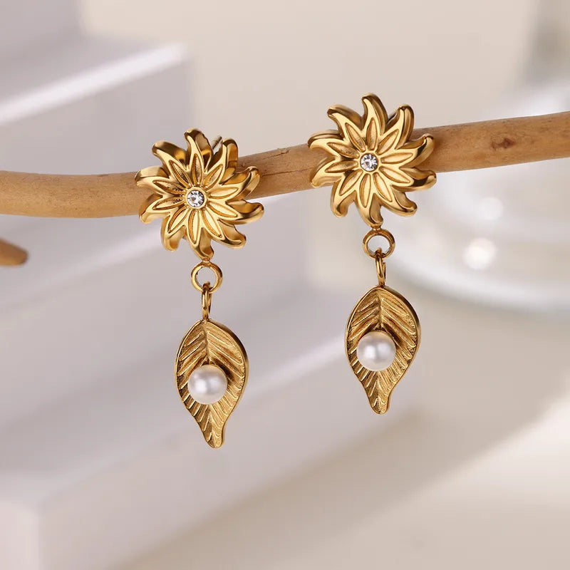 New INS Style Gold Stainless Steel Flower Leaf Series Earrings 18K Simple High-End Vintage Earrings