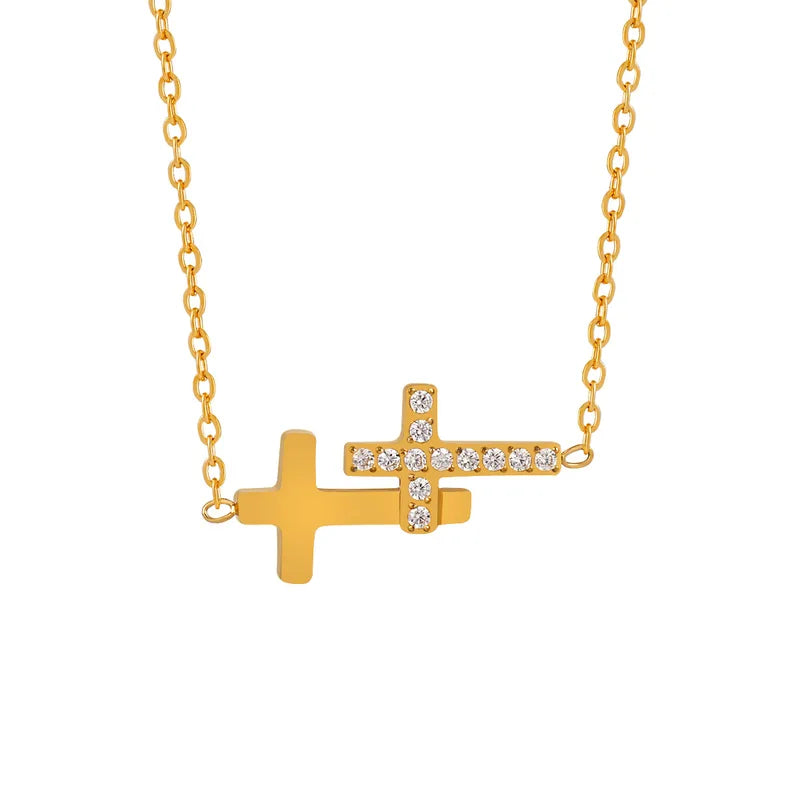 New Style Ins Double Cross Simple Luxury Titanium Steel Plated Real Gold 24K Necklace Clavicle Chain Jewelry For Women