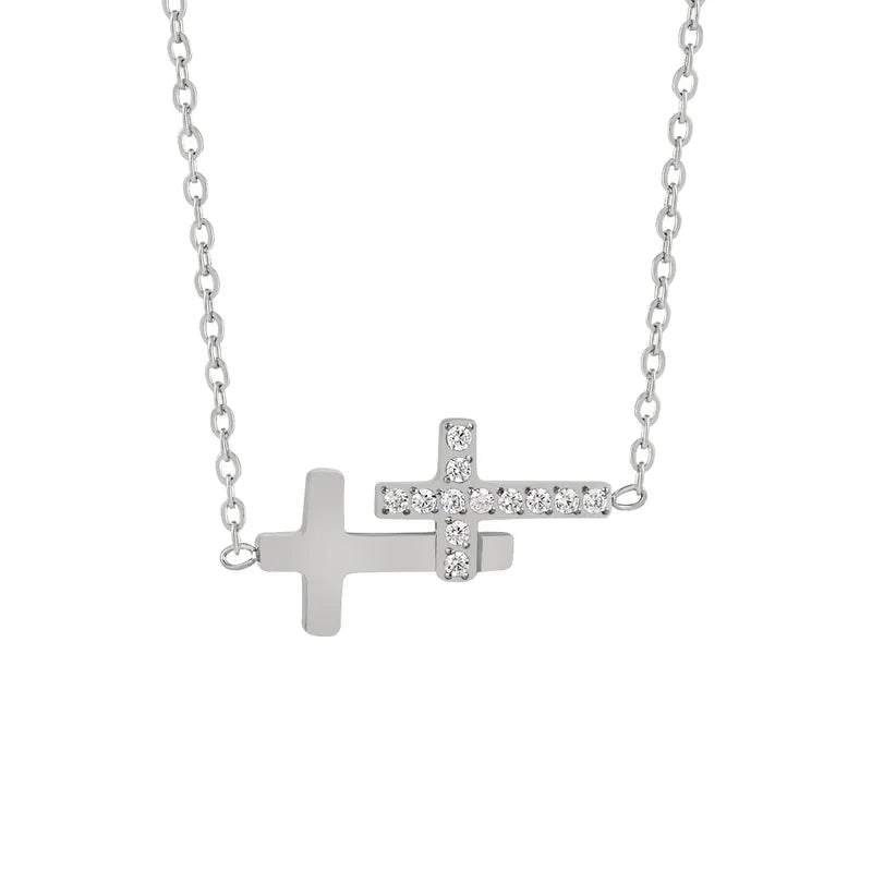 New Style Ins Double Cross Simple Luxury Titanium Steel Plated Real Gold 24K Necklace Clavicle Chain Jewelry For Women