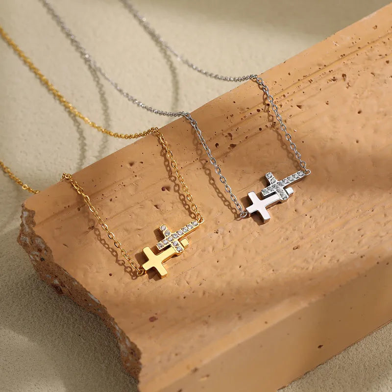New Style Ins Double Cross Simple Luxury Titanium Steel Plated Real Gold 24K Necklace Clavicle Chain Jewelry For Women