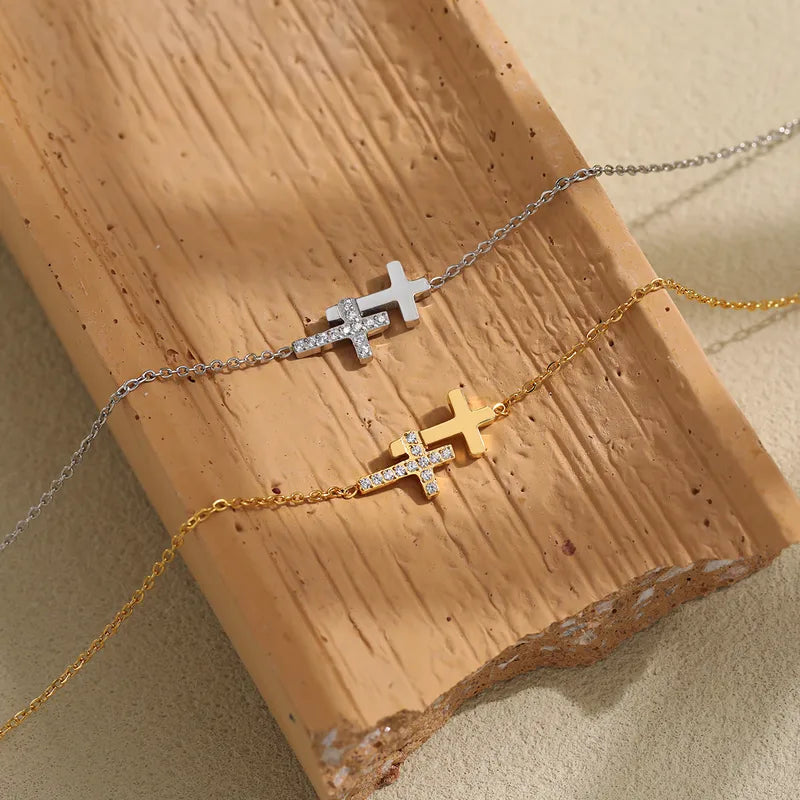 New Style Ins Double Cross Simple Luxury Titanium Steel Plated Real Gold 24K Necklace Clavicle Chain Jewelry For Women
