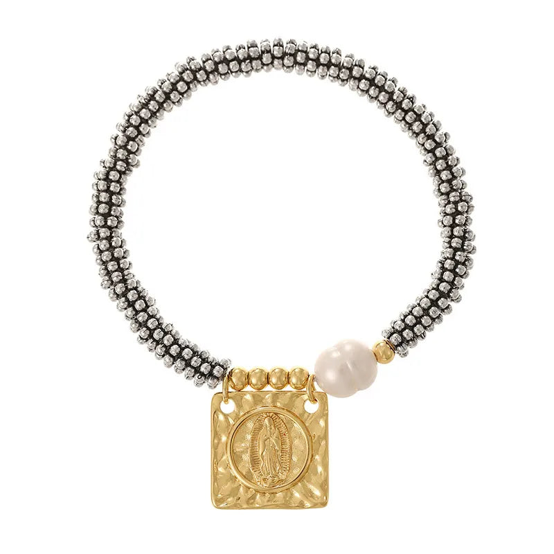 New Style Long Rectangle Full Diamond Heart Portrait Women's Color Retention Pearl Beaded Bracelet