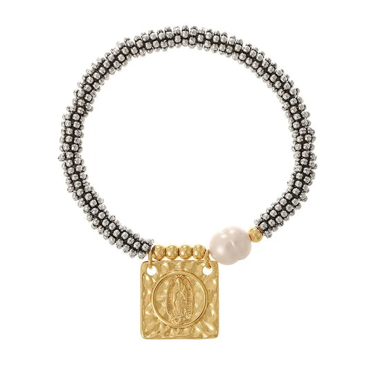 New Style Long Rectangle Full Diamond Heart Portrait Women's Color Retention Pearl Beaded Bracelet