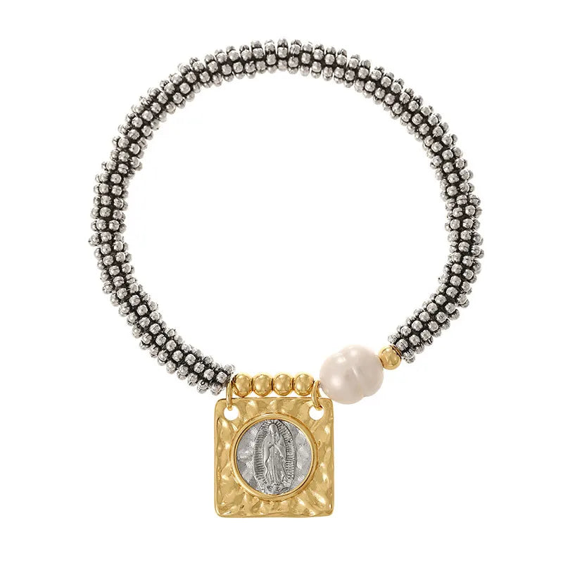 New Style Long Rectangle Full Diamond Heart Portrait Women's Color Retention Pearl Beaded Bracelet