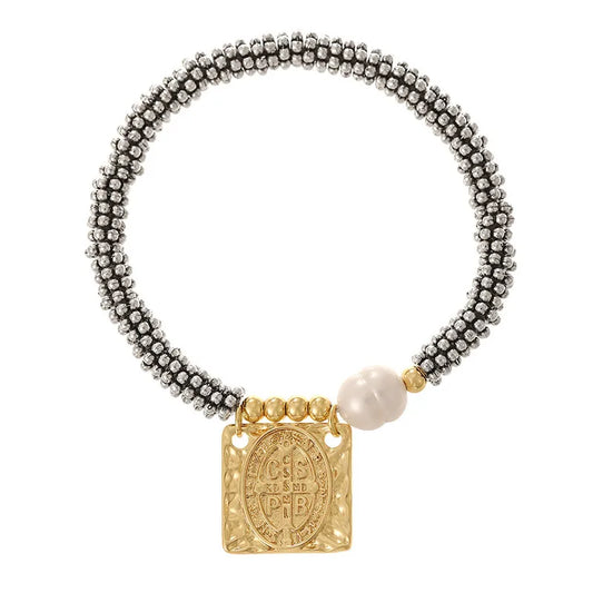 New Style Long Rectangle Full Diamond Heart Portrait Women's Color Retention Pearl Beaded Bracelet