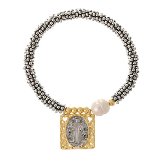 New Style Long Rectangle Full Diamond Heart Portrait Women's Color Retention Pearl Beaded Bracelet