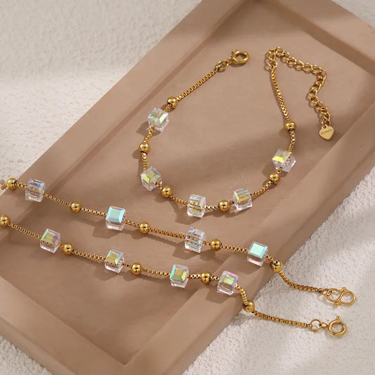 New Style Titanium Steel Crystal Sugar Cube Bracelet Women's Fashion Jewelry Golden Color Luxury Sensation Business Occasion