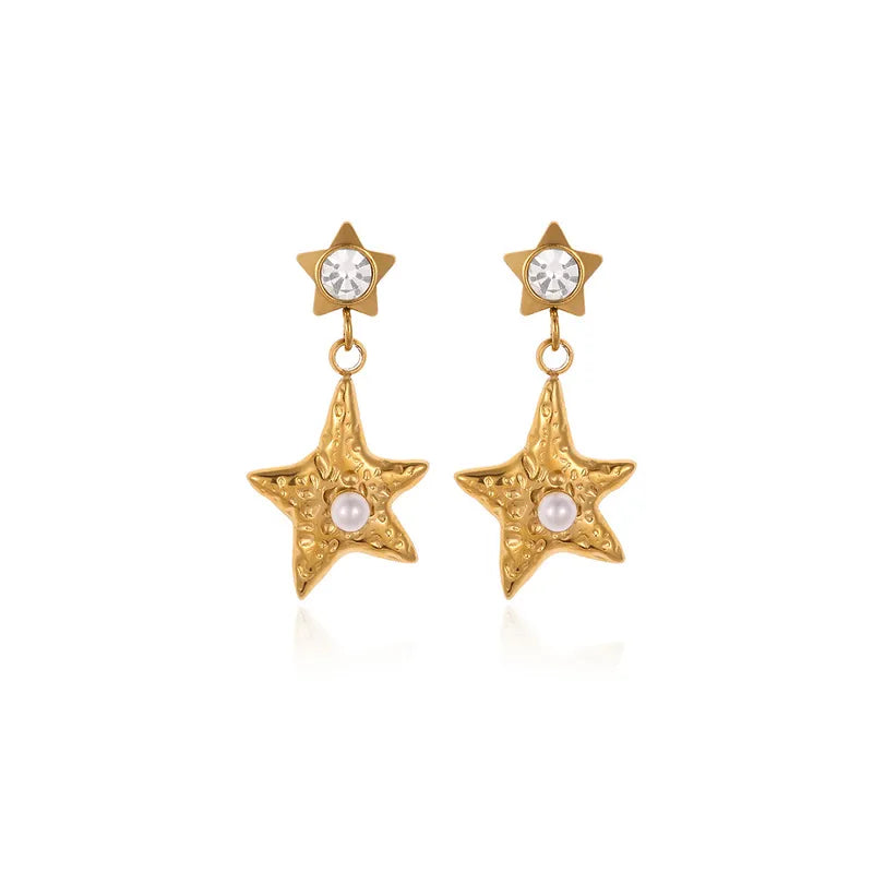 New Titanium Steel Star Earrings Vintage Imitation Pearl Luxury Minimalist Women's Jewelry Fashionable Geometric Pattern