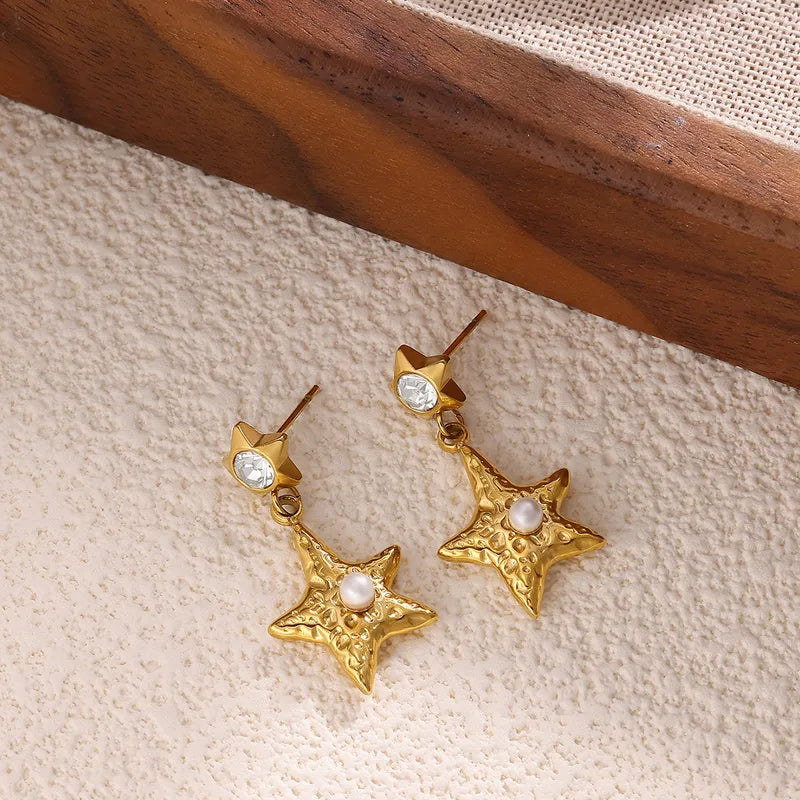 New Titanium Steel Star Earrings Vintage Imitation Pearl Luxury Minimalist Women's Jewelry Fashionable Geometric Pattern