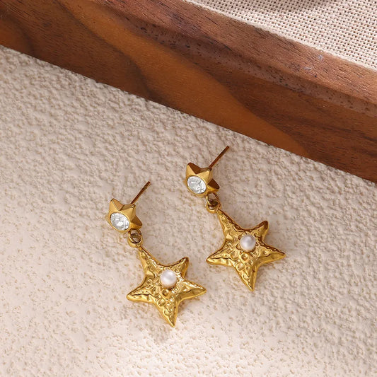 New Titanium Steel Star Earrings Vintage Imitation Pearl Luxury Minimalist Women's Jewelry Fashionable Geometric Pattern