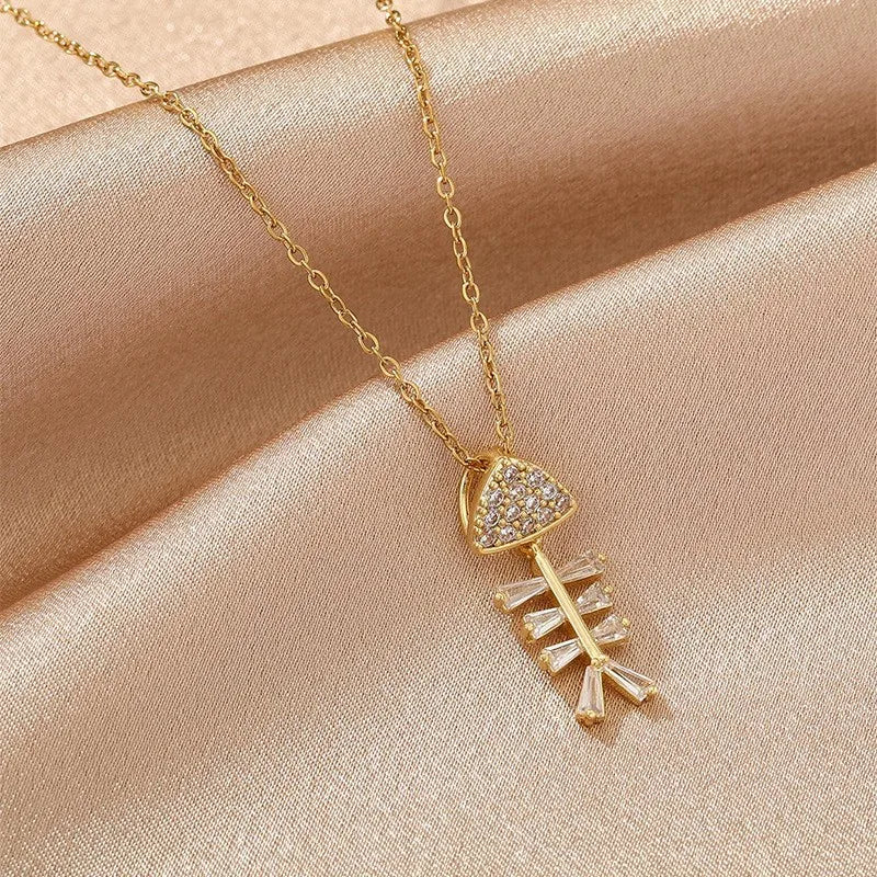 New Version Fashion Simple Copper 316 Stainless Steel Necklace For Women Light Luxury Trendy Niche Collarbone Chain Internet Celebrity Temperament Zircon Fishbone Pendant