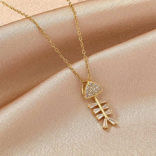 New Version Fashion Simple Copper 316 Stainless Steel Necklace For Women Light Luxury Trendy Niche Collarbone Chain Internet Celebrity Temperament Zircon Fishbone Pendant