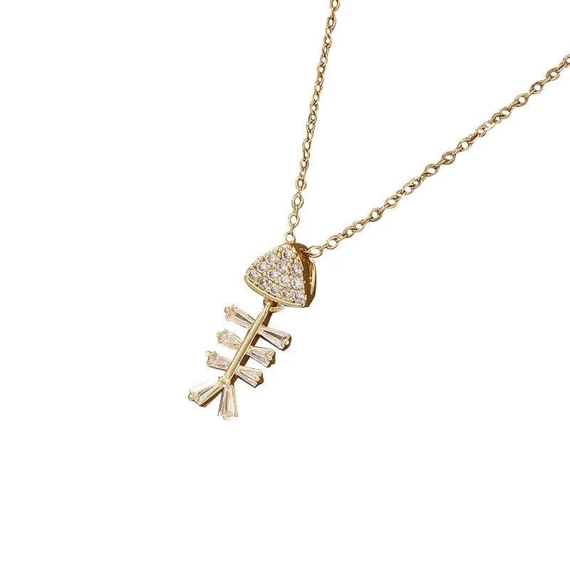 New Version Fashion Simple Copper 316 Stainless Steel Necklace For Women Light Luxury Trendy Niche Collarbone Chain Internet Celebrity Temperament Zircon Fishbone Pendant