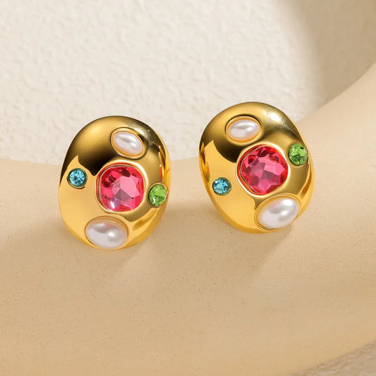 Oval Geometric 18K Gold-plated Stainless Steel Stud Earrings, Inlaid With Zirconia, Suitable For Women