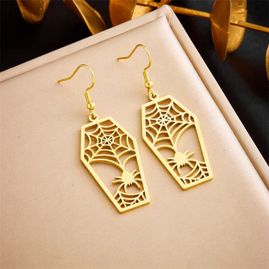 PVD Coated 18K Gold Plated Spider Spider Web 304 Stainless Steel Simple Style Waterproof Non Tarnish Drop Earrings