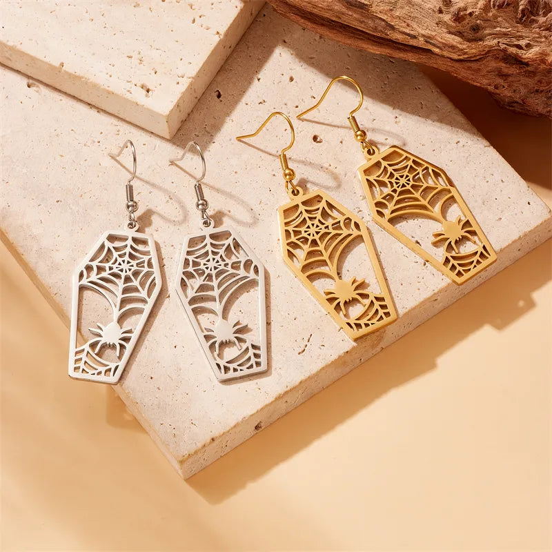 PVD Coated 18K Gold Plated Spider Spider Web 304 Stainless Steel Simple Style Waterproof Non Tarnish Drop Earrings