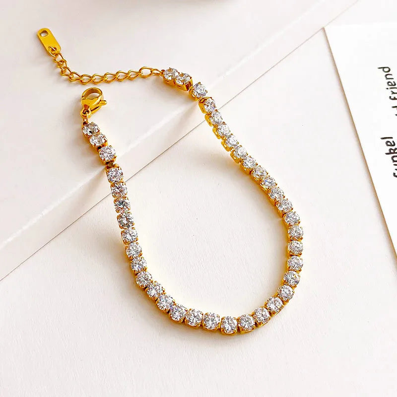 Adjustable French Style Full Drill 5mm Oval Zircon Single Row Women's Bracelet Elegant Travel Jewelry Stainless Steel 18K Gold Plated