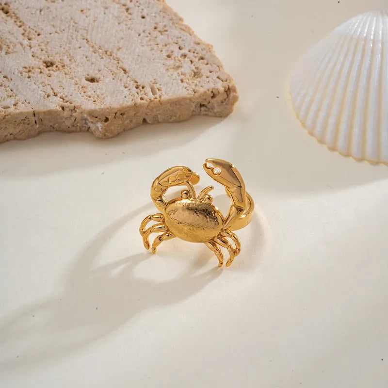 PVD Coated Real Gold Plated 18K Gold Crab 304 Stainless Steel Cute Hawaiian Simple Style Waterproof Non Tarnish Open Rings