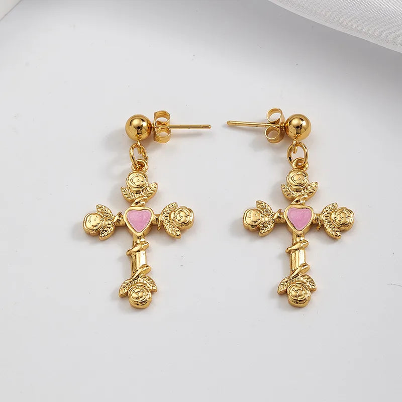PVD Coated Real Gold Plated 18K Gold Cross Rose 304 Stainless Steel IG Style Casual Elegant Polishing Epoxy Plating Ear Studs