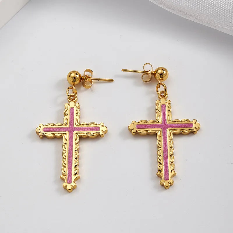PVD Coated Real Gold Plated 18K Gold Cross Rose 304 Stainless Steel IG Style Casual Elegant Polishing Epoxy Plating Ear Studs