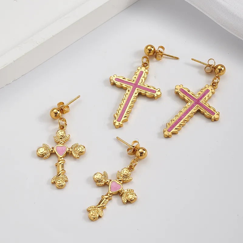 PVD Coated Real Gold Plated 18K Gold Cross Rose 304 Stainless Steel IG Style Casual Elegant Polishing Epoxy Plating Ear Studs