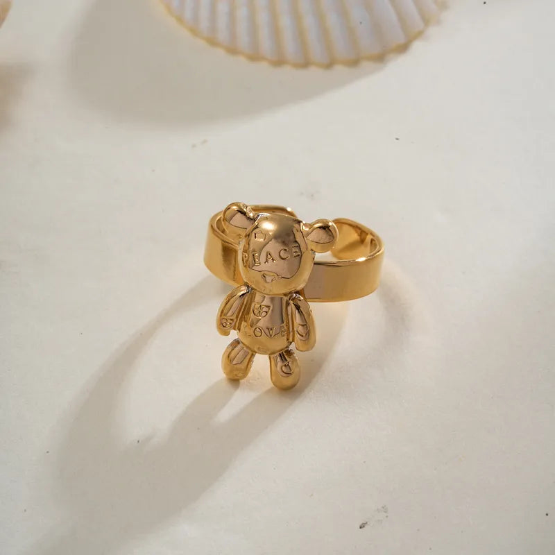 PVD Coated Real Gold Plated 18K Gold Love Bear 304 Stainless Steel Cute Romantic Simple Style Waterproof Non Tarnish Open Rings