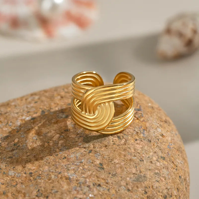 PVD Coated Real Gold Plated 18K Gold Solid Color 304 Stainless Steel Elegant Rock Beach Waterproof Non Tarnish Open Rings