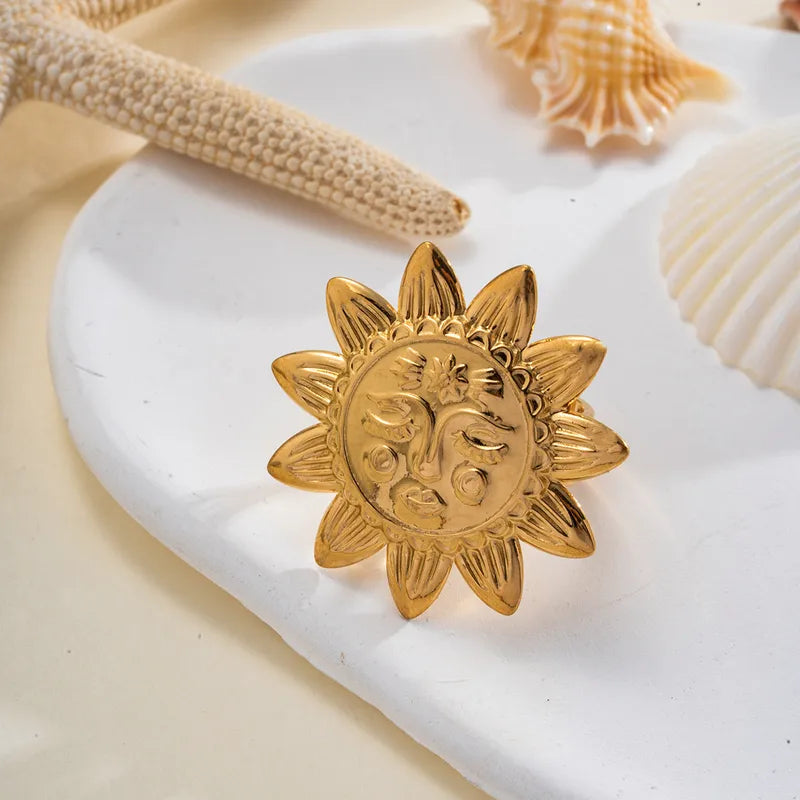 PVD Coated Real Gold Plated 18K Gold Sun Flower 304 Stainless Steel Elegant Cute Simple Style Waterproof Non Tarnish Open Rings