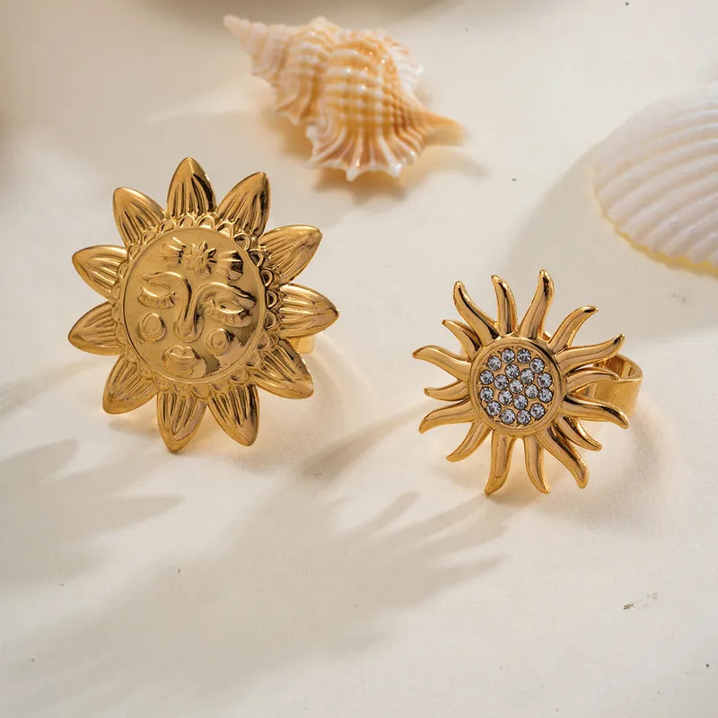 PVD Coated Real Gold Plated 18K Gold Sun Flower 304 Stainless Steel Elegant Cute Simple Style Waterproof Non Tarnish Open Rings