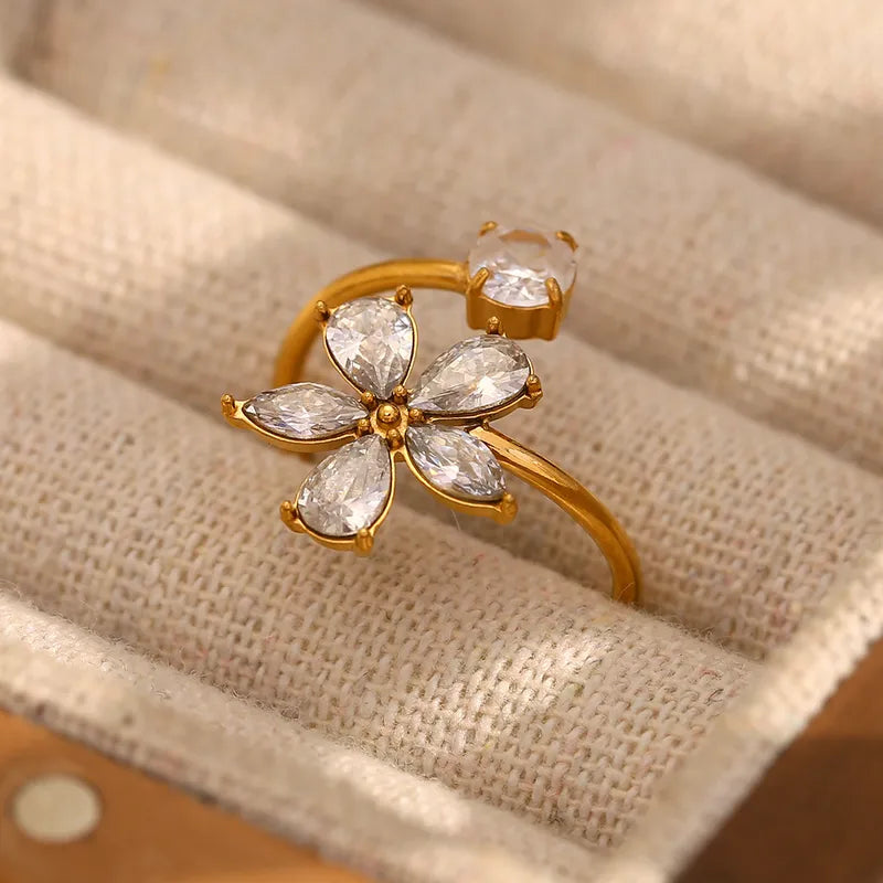 PVD Coated Real Gold Plated Flower 304 Stainless Steel Vintage Style Classic Style Waterproof Non Tarnish Open Rings