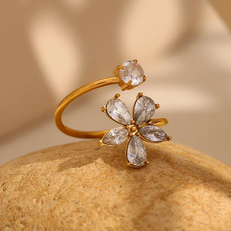 PVD Coated Real Gold Plated Flower 304 Stainless Steel Vintage Style Classic Style Waterproof Non Tarnish Open Rings