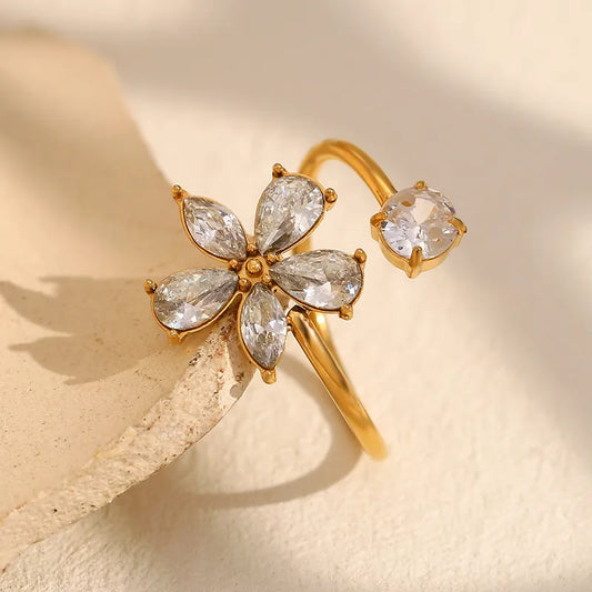 PVD Coated Real Gold Plated Flower 304 Stainless Steel Vintage Style Classic Style Waterproof Non Tarnish Open Rings