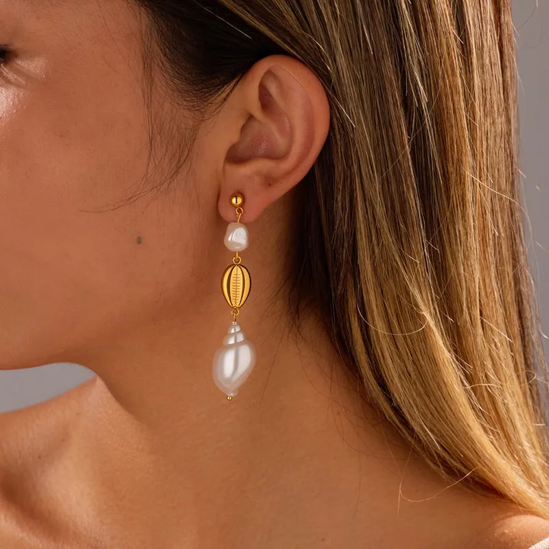 Pearl Conch Shell Tassel Earrings Jewelry Wholesale 304 Stainless Steel