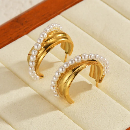 Pearl Stud Earrings Stainless Steel Material 18K Gold Plated Women Jewelry Geometric Women Earrings