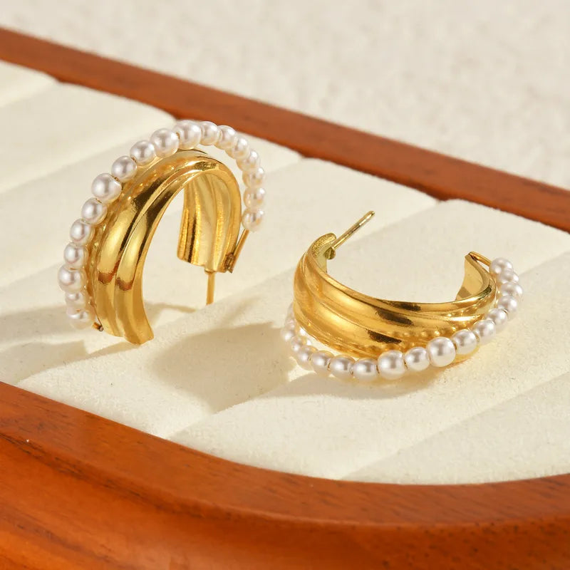 Pearl Stud Earrings Stainless Steel Material 18K Gold Plated Women Jewelry Geometric Women Earrings