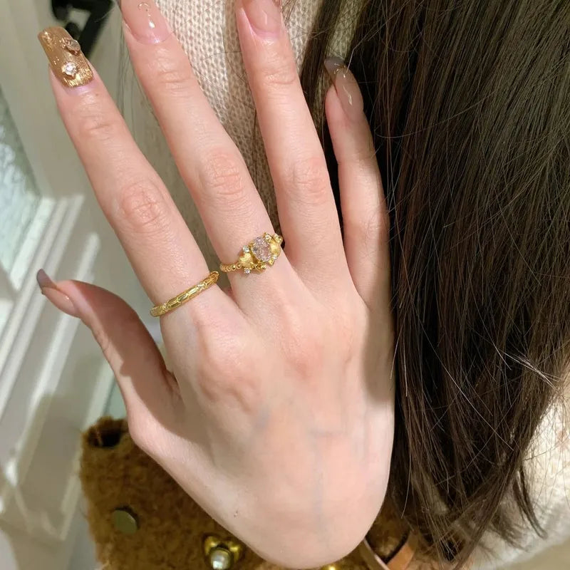 Pink Geometric Patterned Women's Open Adjustable Ring Luxury Personality New Hand Jewelry Court Style Frosted Surface Design