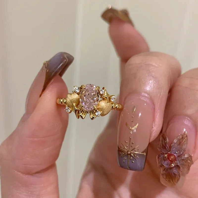 Pink Geometric Patterned Women's Open Adjustable Ring Luxury Personality New Hand Jewelry Court Style Frosted Surface Design