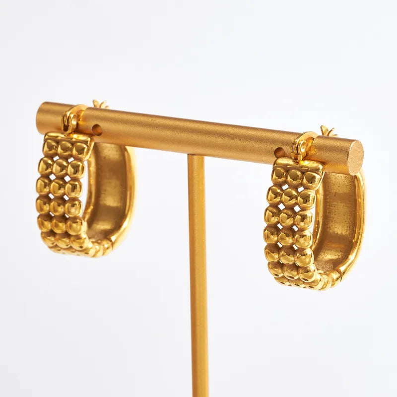 Real Gold Plated 304 Stainless Steel Furnace Electroplating Simple Grid C-shaped Earrings Polished Lines Vacuum Electroplating