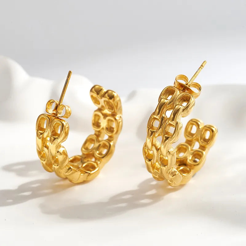 Real Gold Plated 304 Stainless Steel Furnace Electroplating Simple Grid C-shaped Earrings Polished Lines Vacuum Electroplating