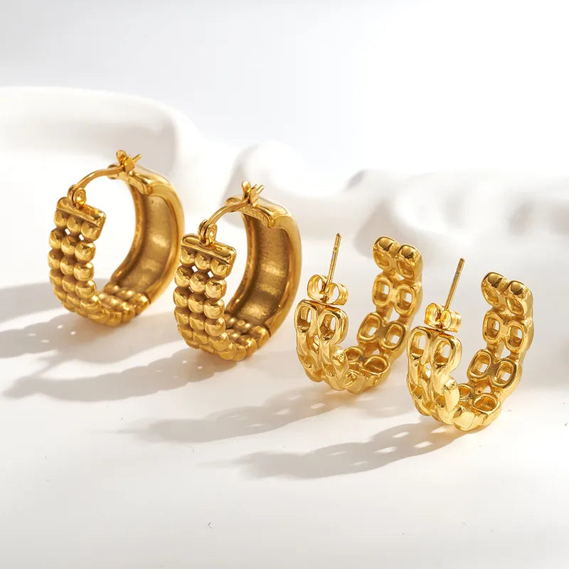 Real Gold Plated 304 Stainless Steel Furnace Electroplating Simple Grid C-shaped Earrings Polished Lines Vacuum Electroplating